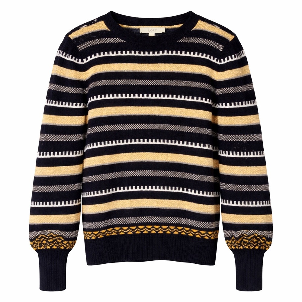 Loft Navy & Gold Striped Scallop Neck Sweater